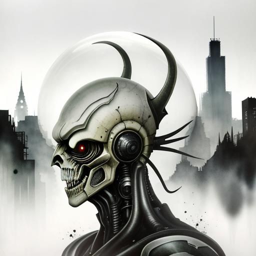 Surreal Double Exposure: Alien and Dystopian Cityscape