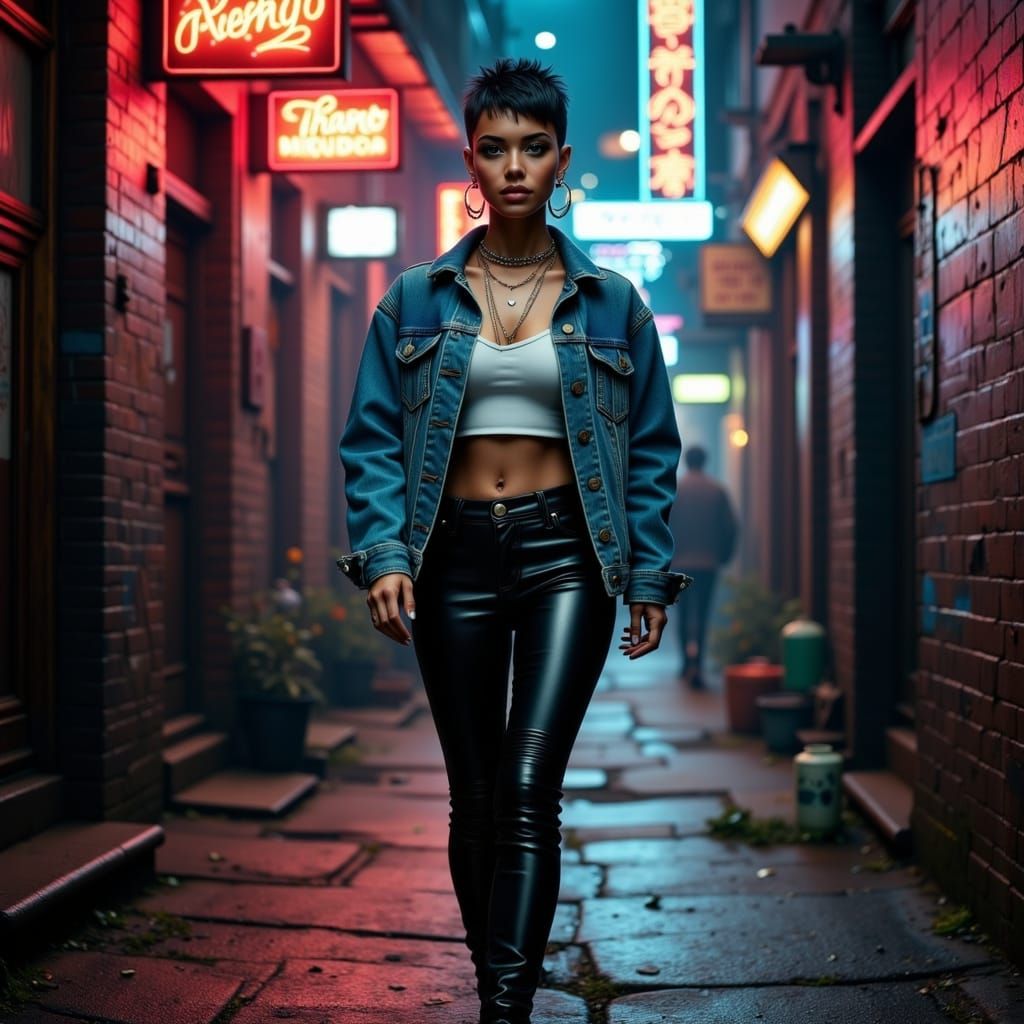 Woman in Neon Alleyway