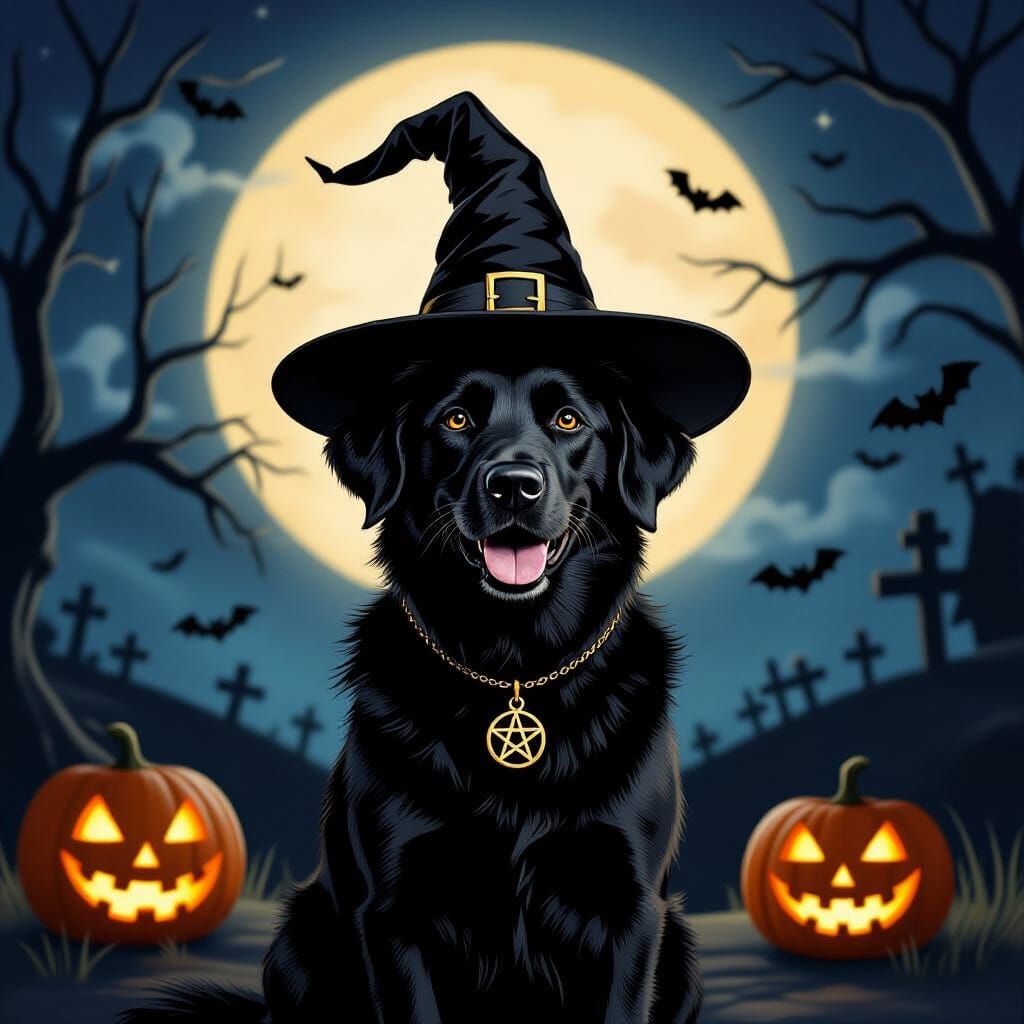 Black Dog Wears Witch Hat on Halloween Midnight