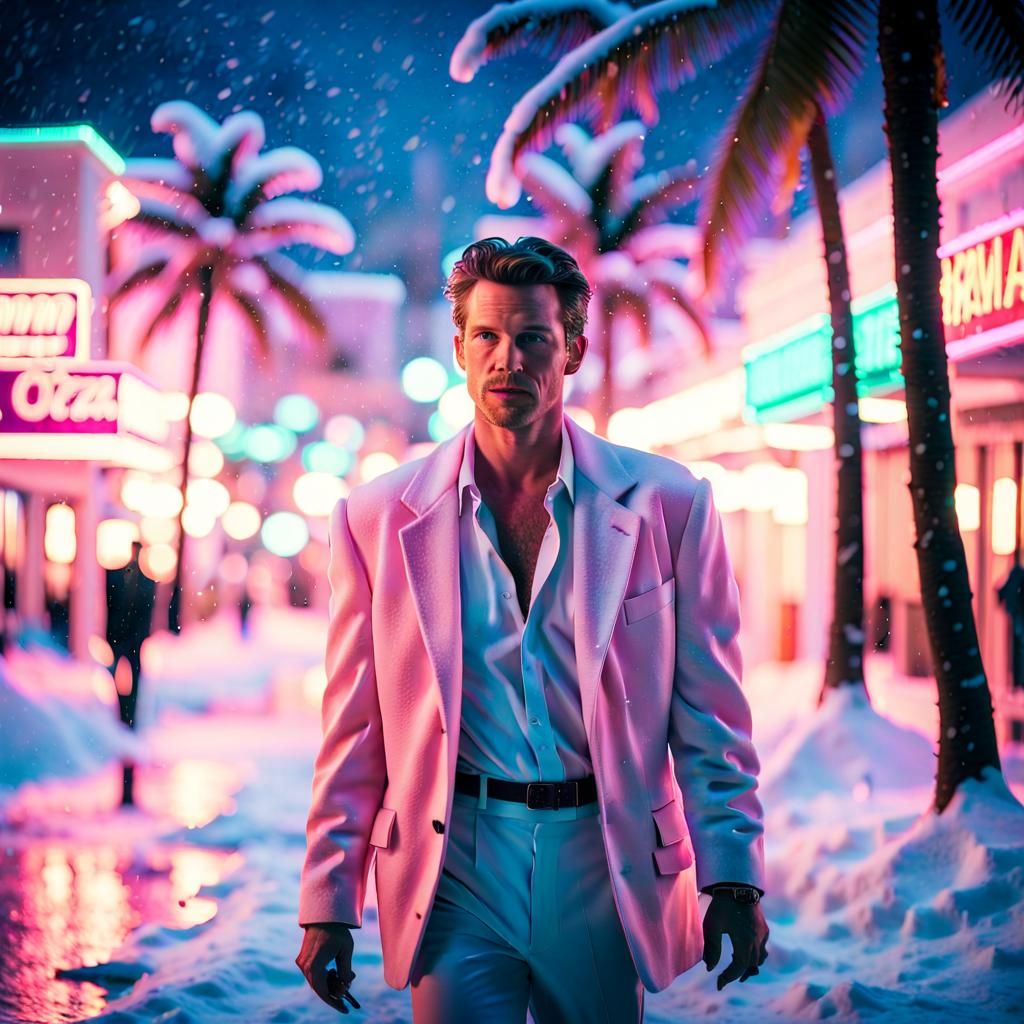 Tommy Vercetti Walks Down Neon-Lit Ocean Drive on a Snowy Ch...
