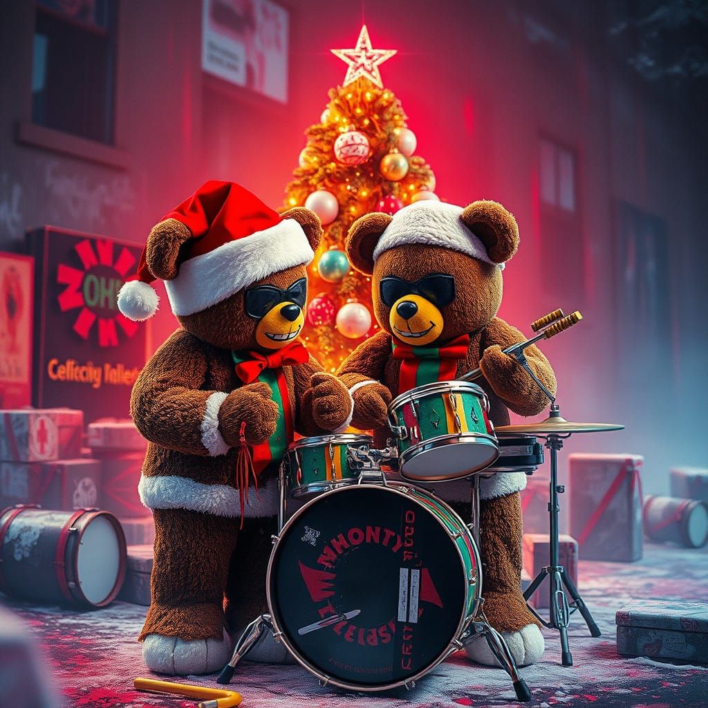 Graffiti Christmas Scene: Hyperrealistic Teddy Killers in Vi...