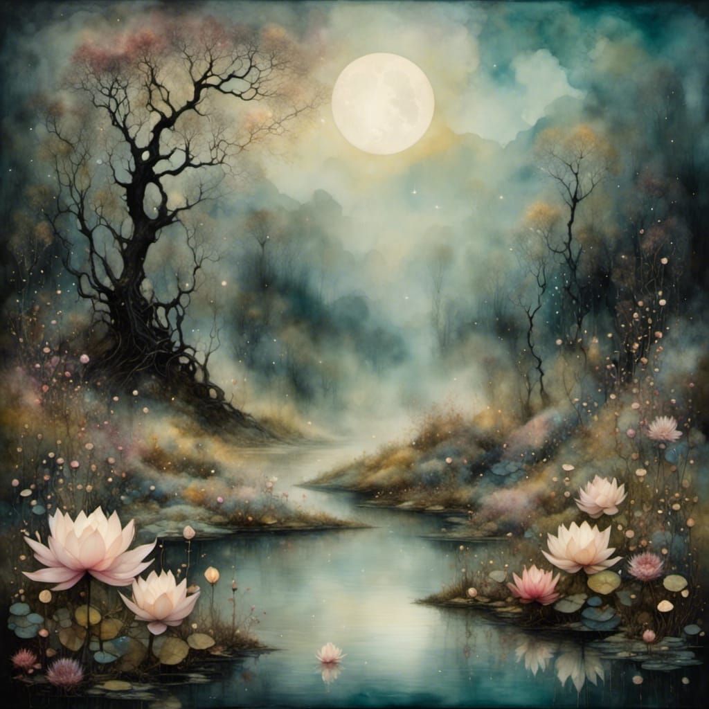 Ethereal Fairy Above Luminous Pond, Watercolor and Encaustic