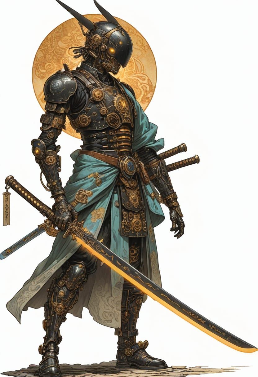 Steampunk Samurai Cyborg with Glowing Sword