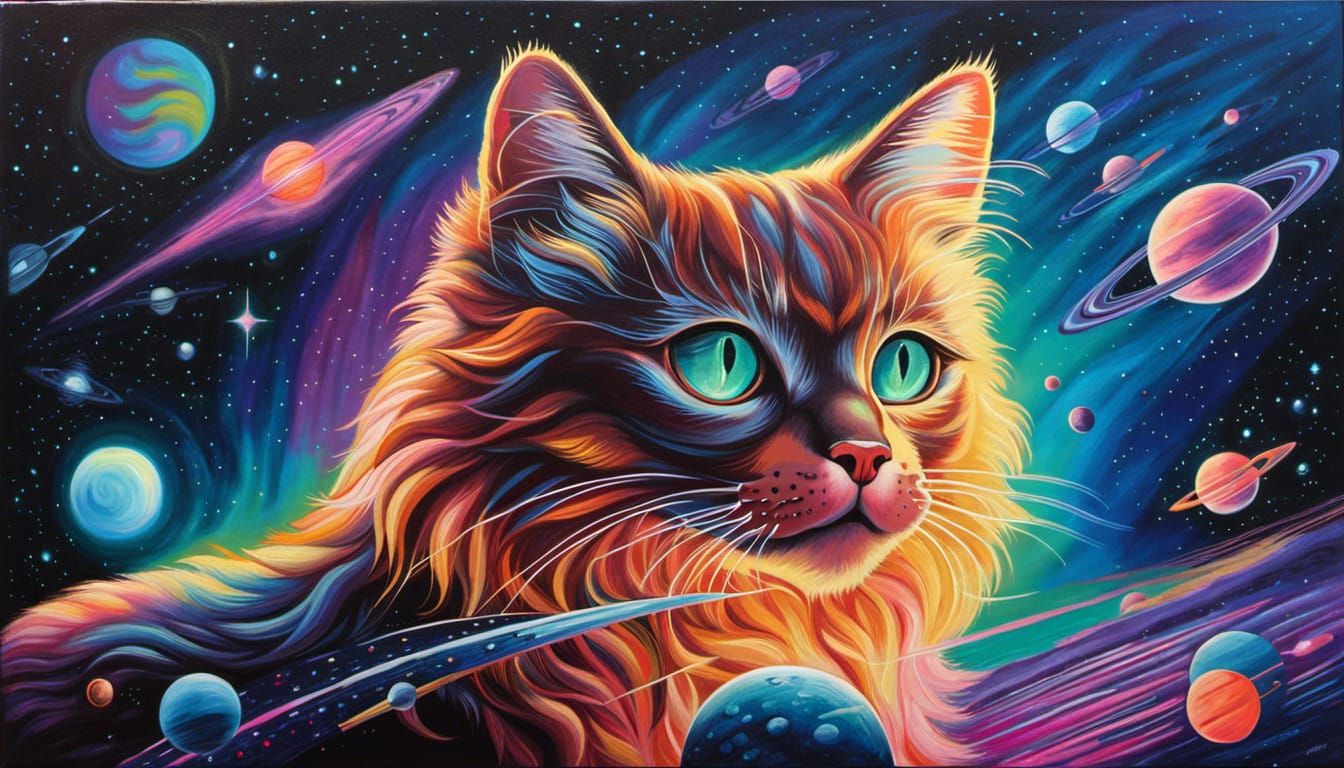 Bioluminescent Cat in Space: Retrofuturistic Oil Painting