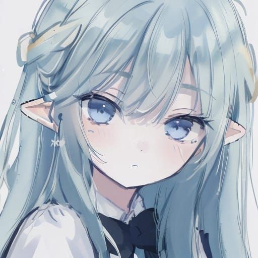 Elegant Anime Elf Girl with Midnight Blue Hair and White Hor...