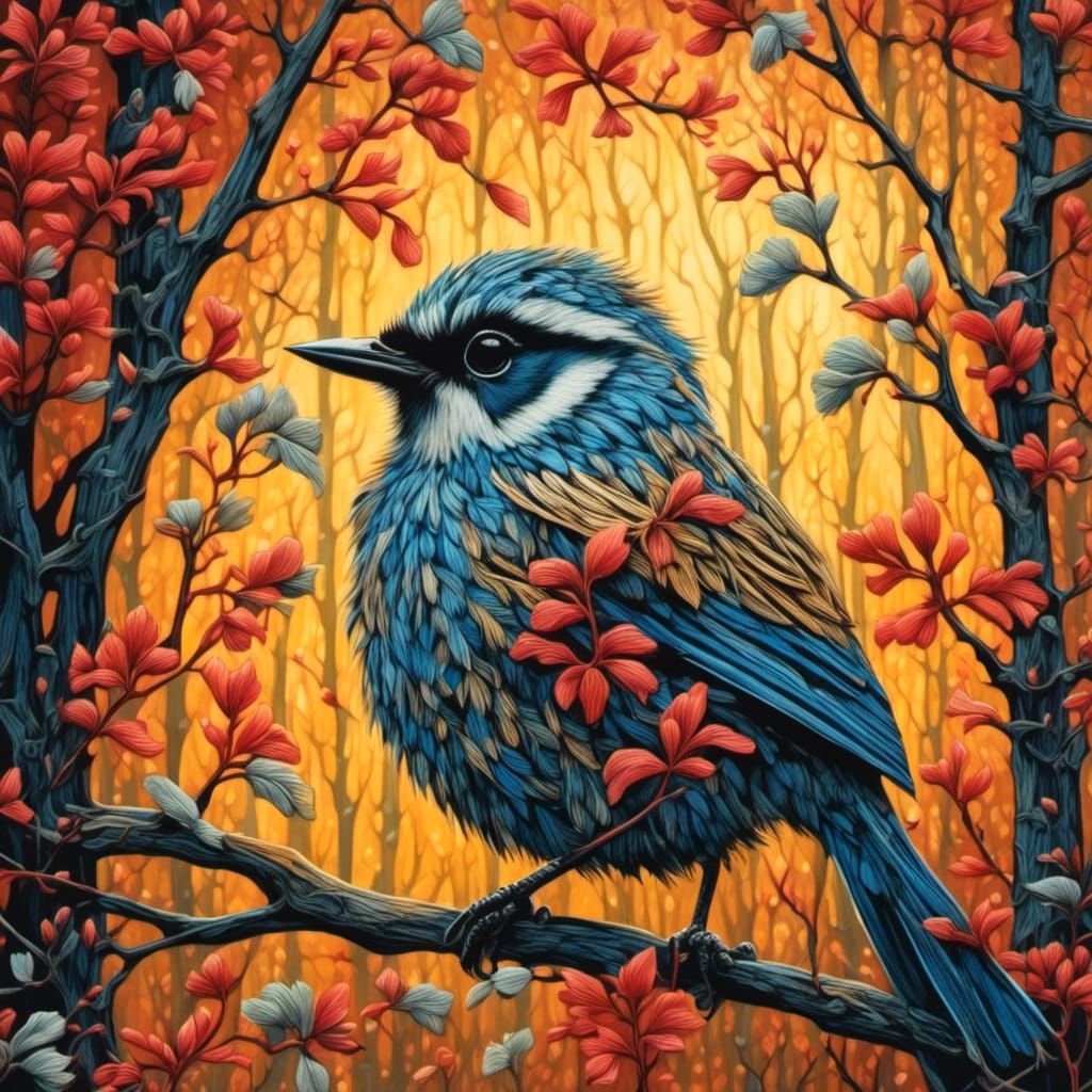 Intricate Wood Engraving of a Cute Bird