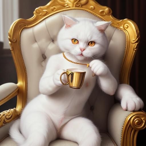 Scottish Fold Cat Sipping Coffee on Golden Chair