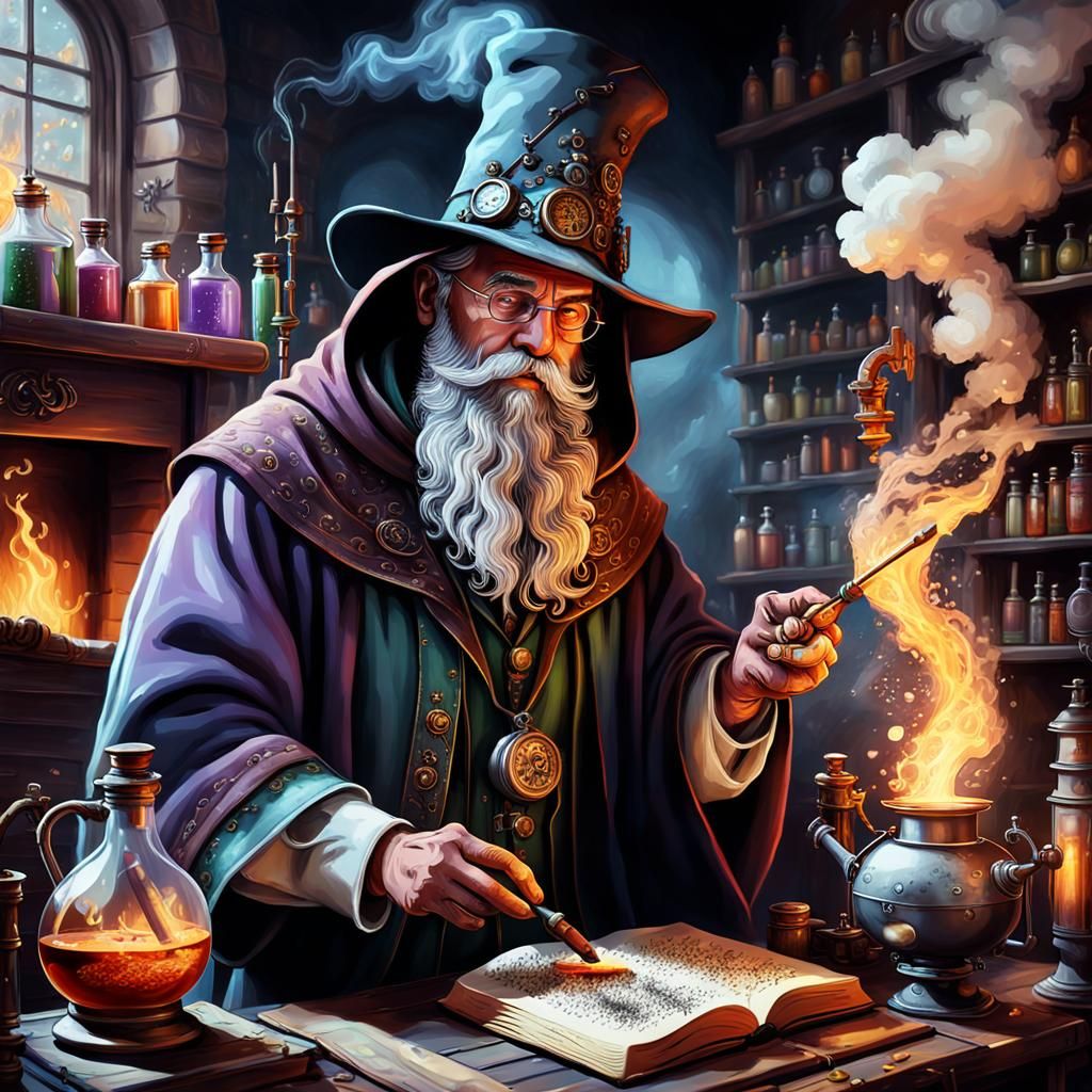Alchemist Mixing Potions in Workshop, Hyperrealistic Art