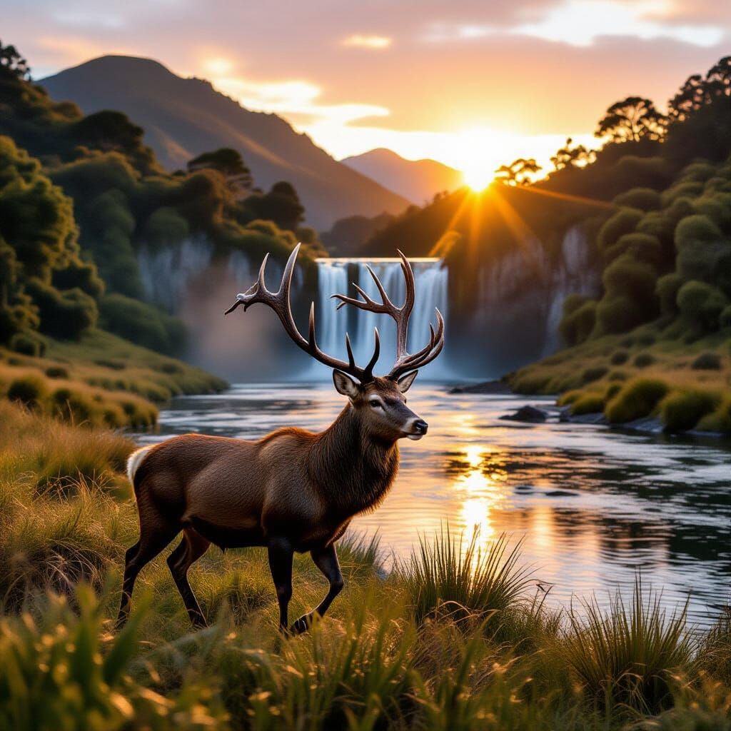 Stag at River's Edge in New Zealand Bush