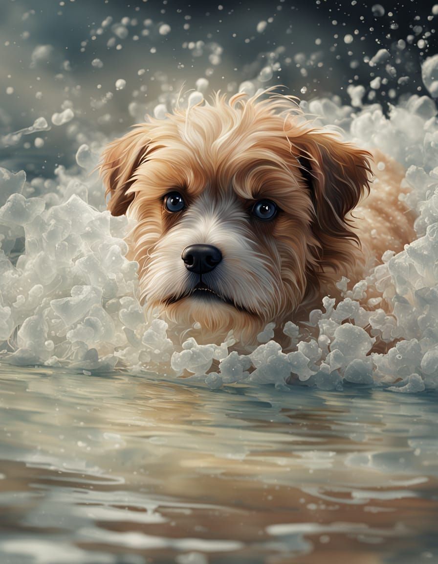 Fluffy Dog in Bubble Bath: Photo-Realistic Close-Up