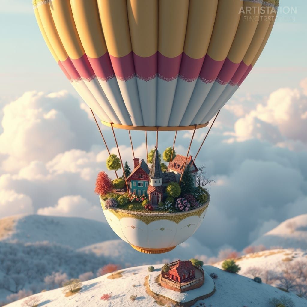 Whimsical Teacup Hot Air Balloon Over Candy Cloud Hills