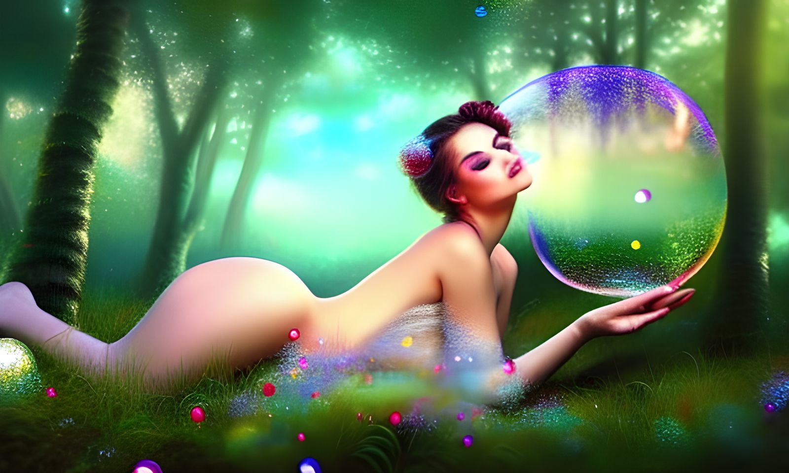 Ethereal Woman with Sprites in Hyperrealistic Style
