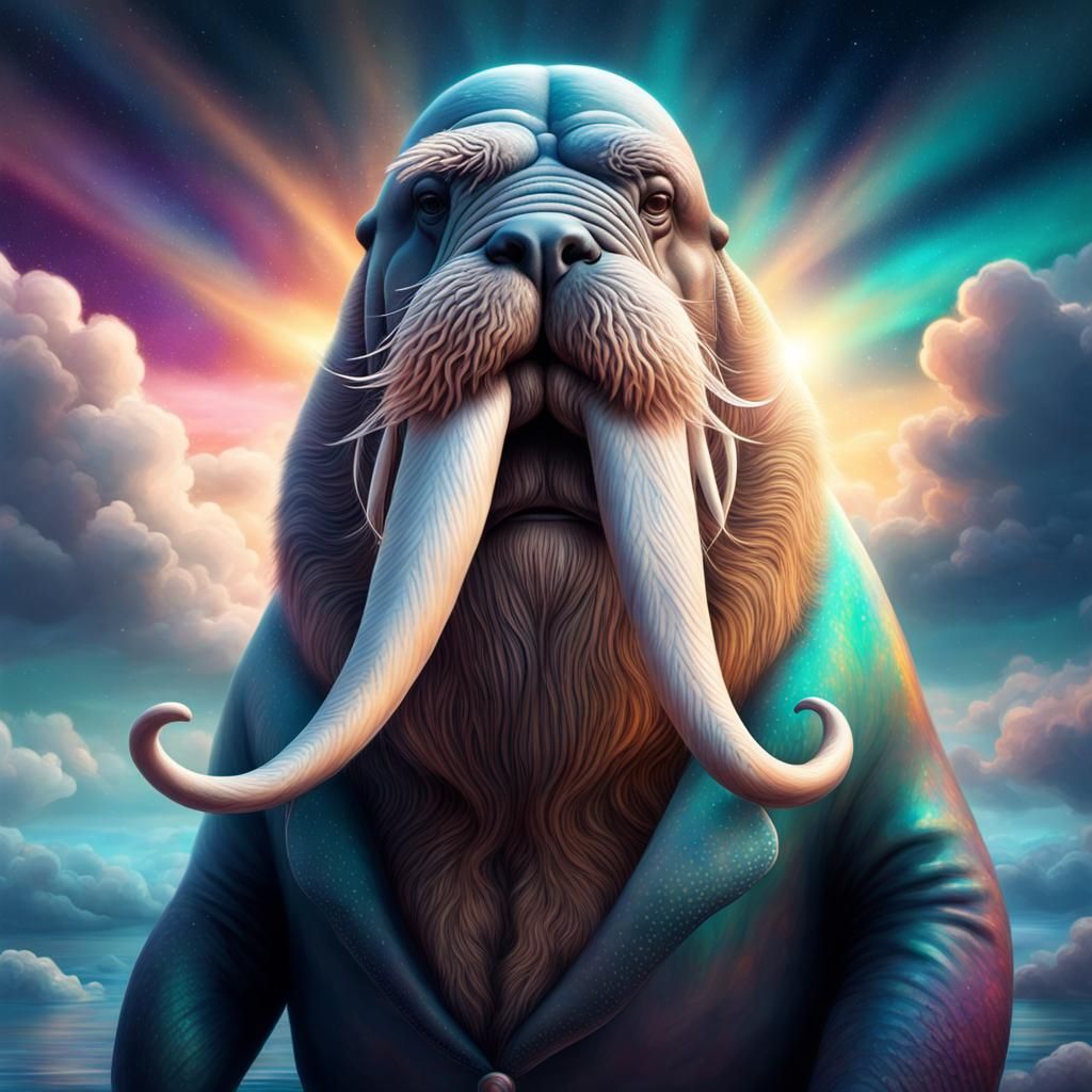 Cosmic Walrus with Handlebar Mustache, Astral Illustration