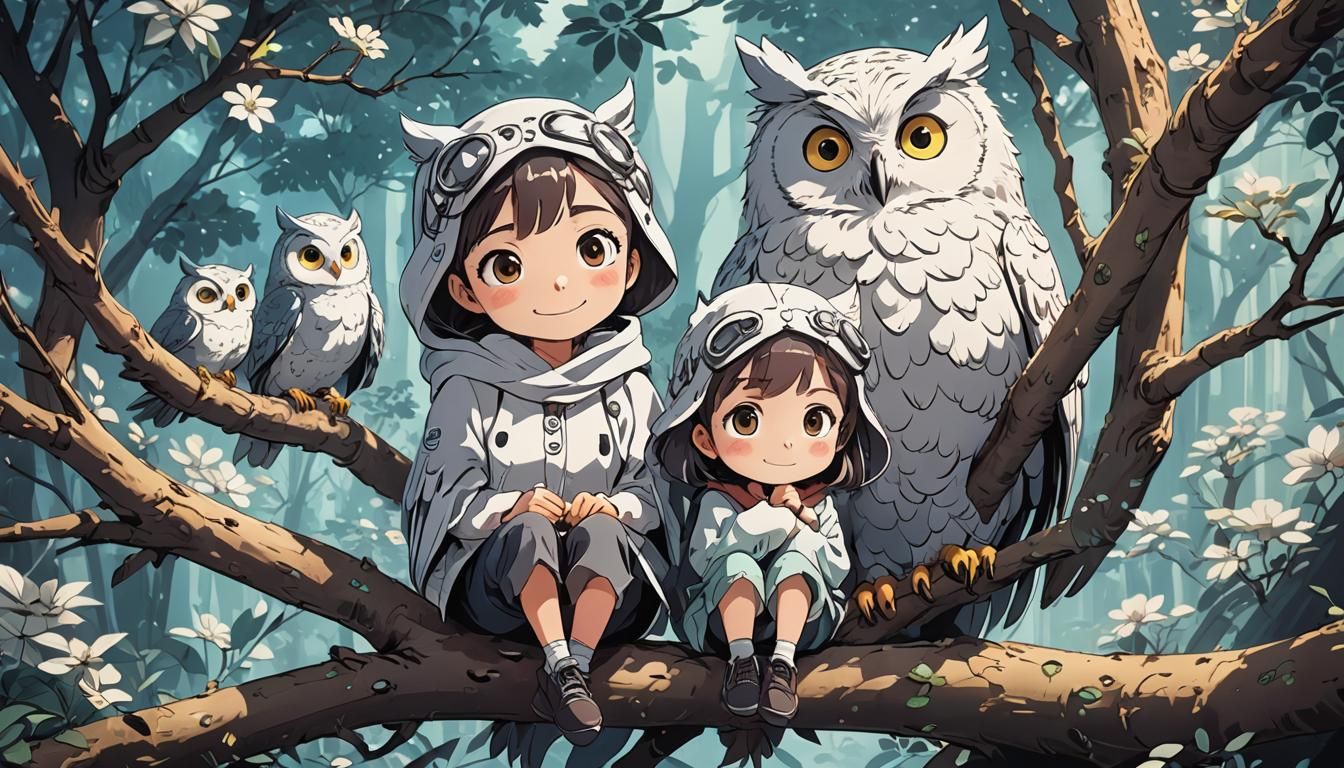 Smiling Girl with Owls in Ghibli Anime Style