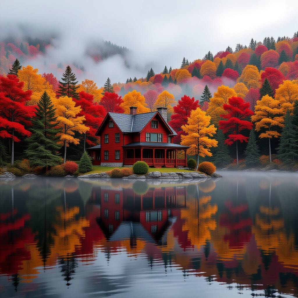Hyper-Realistic Autumn Lakeside House with Mirror Lake Refle...