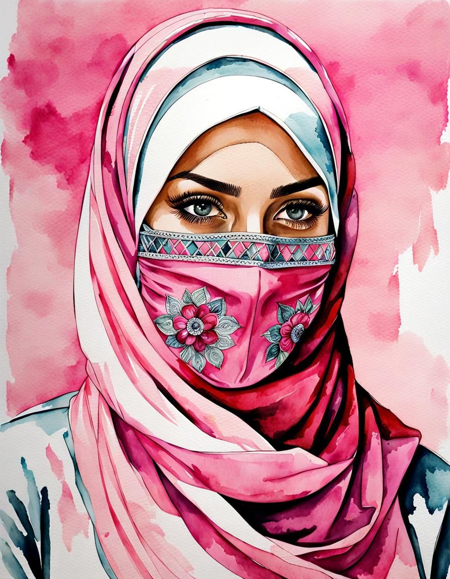 Woman in Pink Hijab with Facemask: Watercolor Art