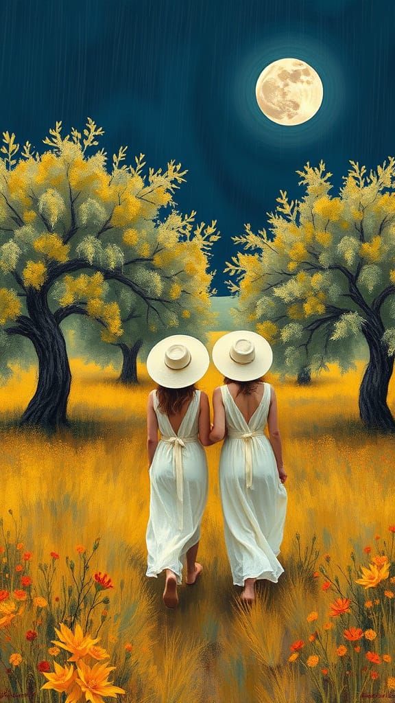 Impressionist Women Stroll Under a Full Moonlit Night