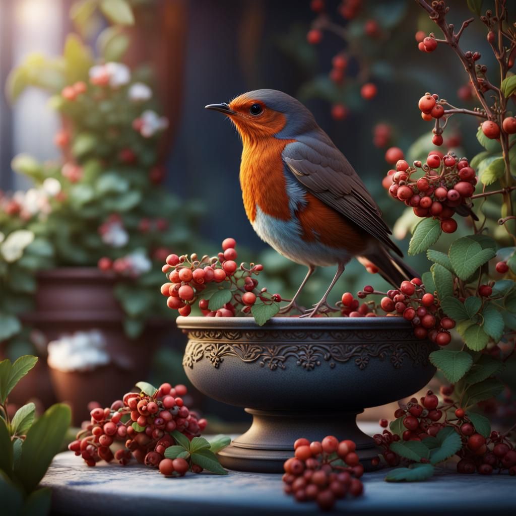 Robin on Flower Pot: Detailed Matte Painting