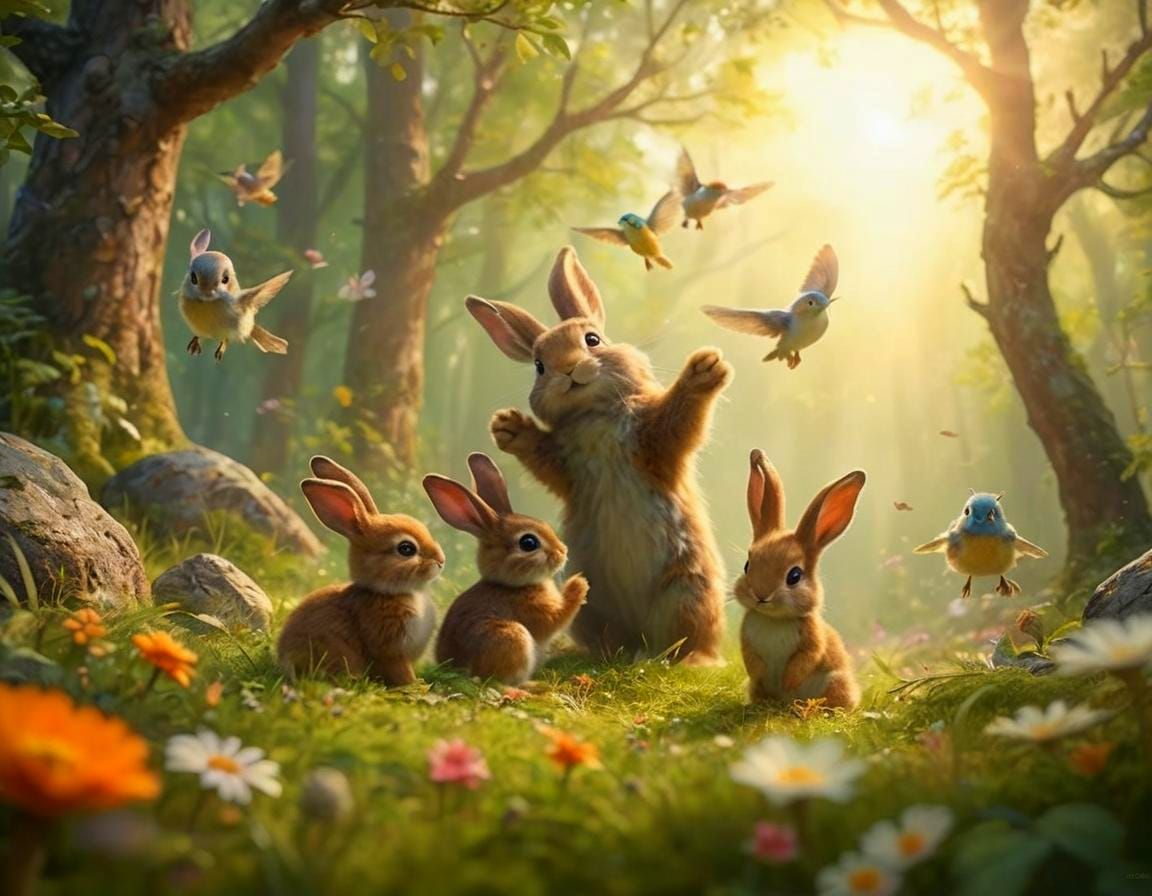 Forest Fantasy with Bunnies and Birds in Gouache Style