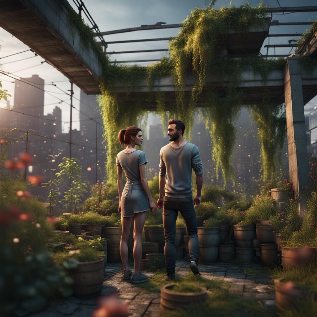 Couple in Urban Rooftop Garden: 3D Game Art