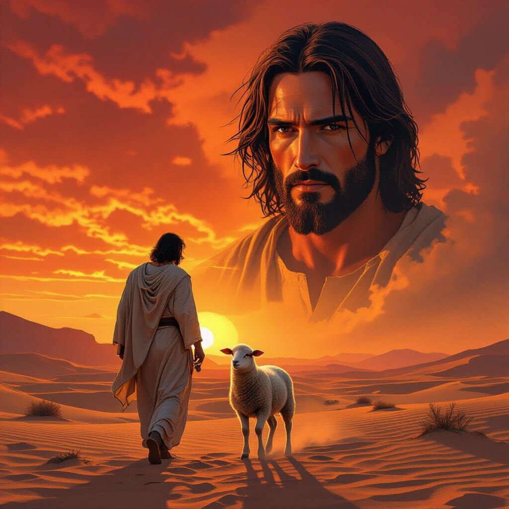 Jesus Embraces Lamb in Fiery Desert Sunset