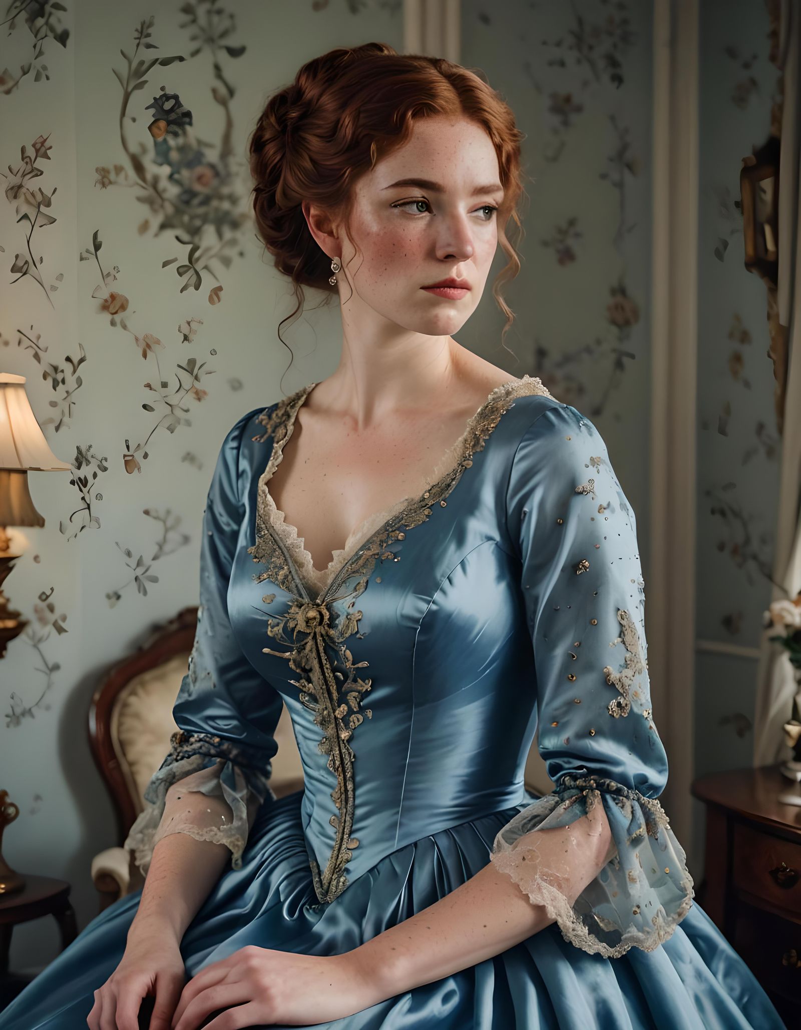 Victorian Woman in Blue Silk Evening Gown Portrait