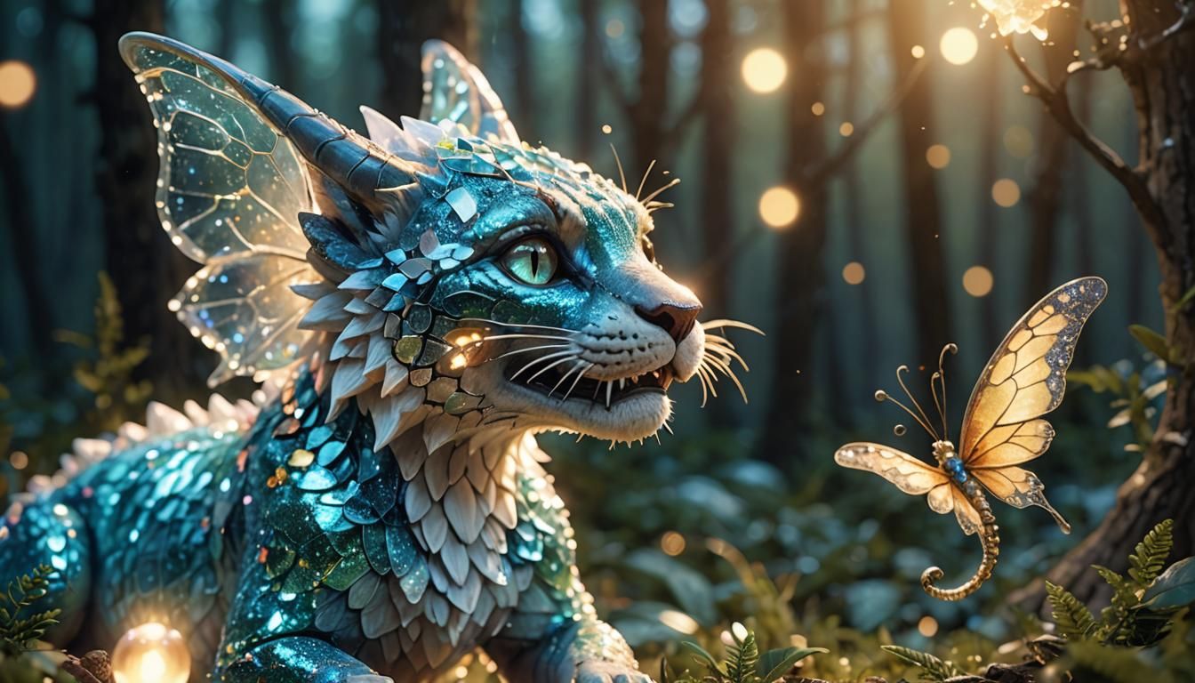 Crystal Dragon Perched on Sabertooth Cat