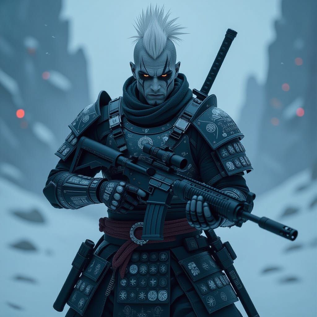 Gaunt Samurai Warrior on Alien Battlefield with Sci-Fi Armor