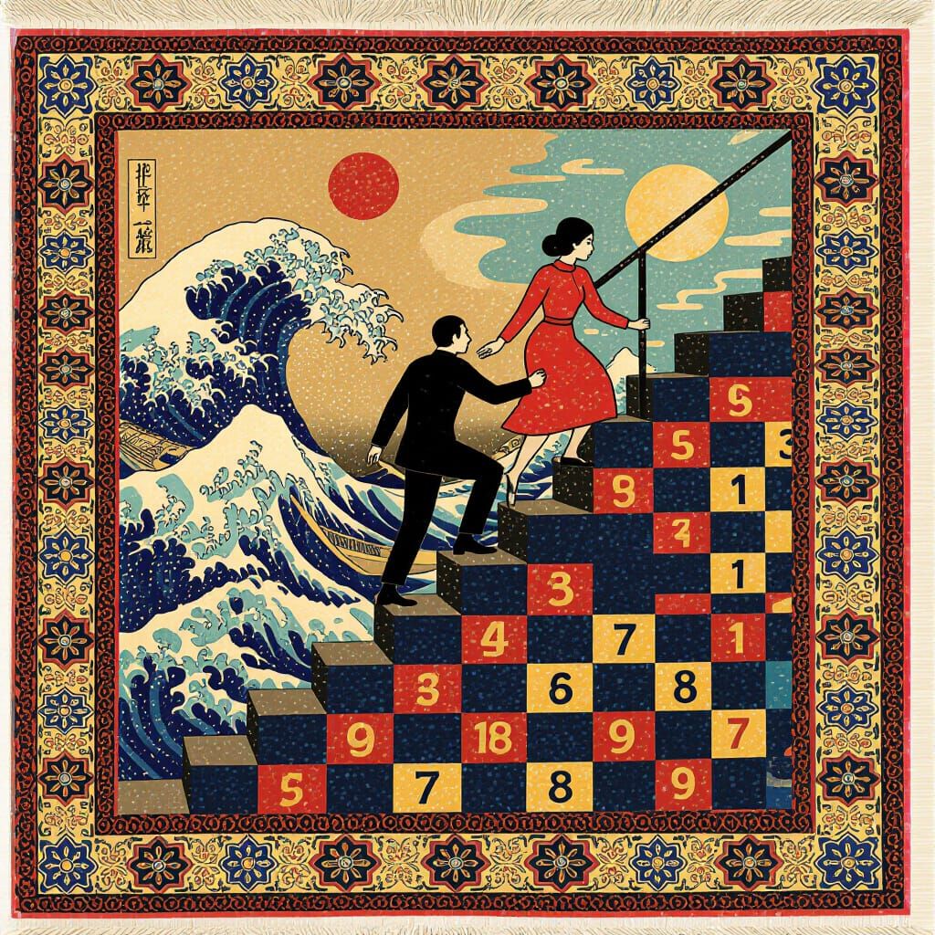 Surreal Staircase Scene Inspired by Hokusai and Magritte