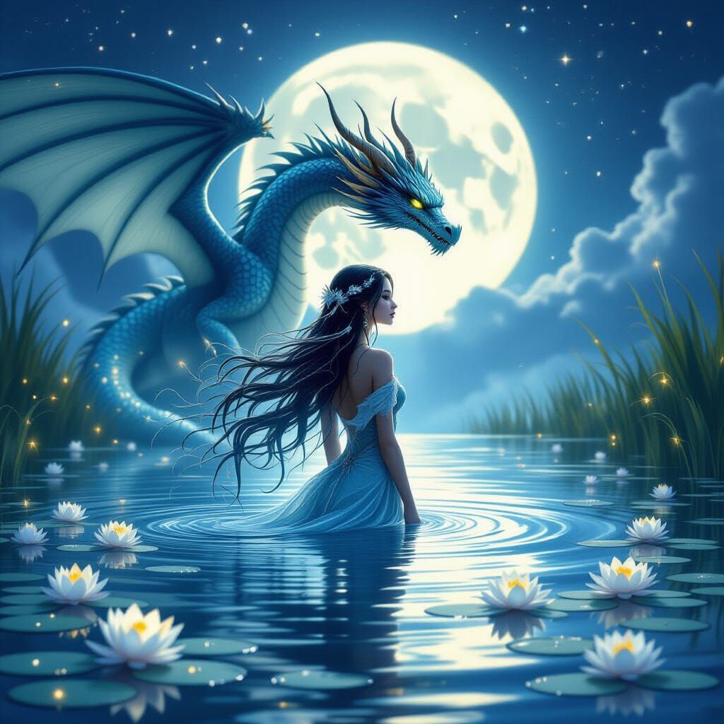 Water Spirit and Dragon in Moonlit Lake
