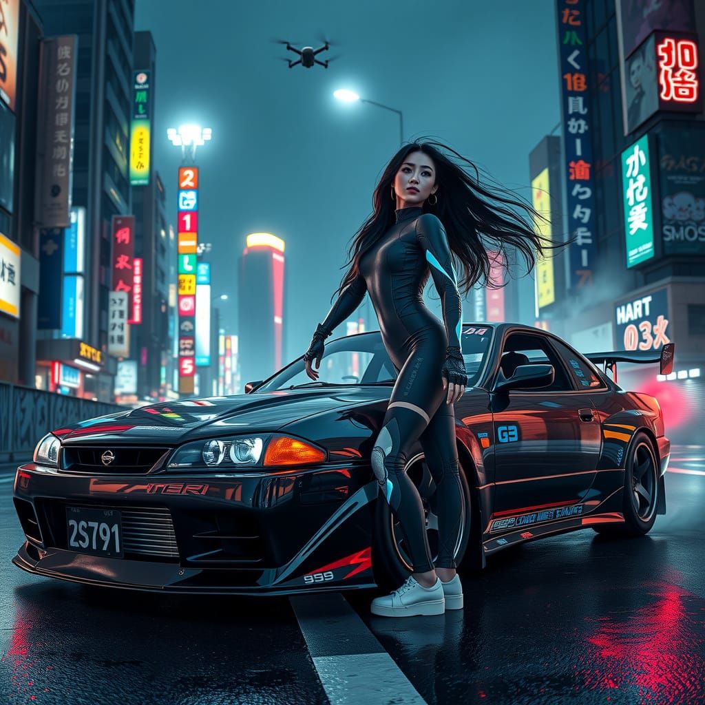 Cyberpunk Woman on Car in Futuristic Tokyo