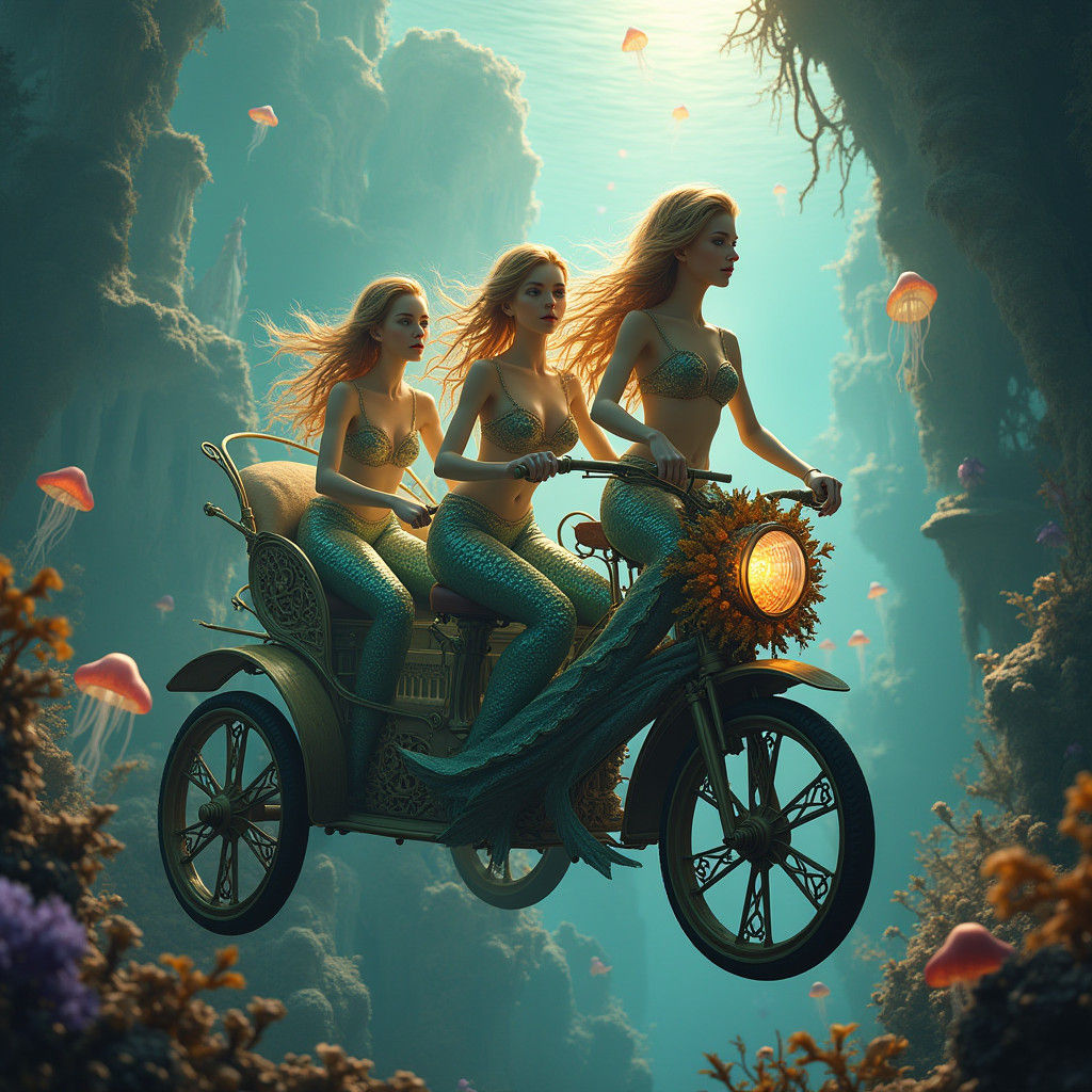 Mermaids riding a tricycle