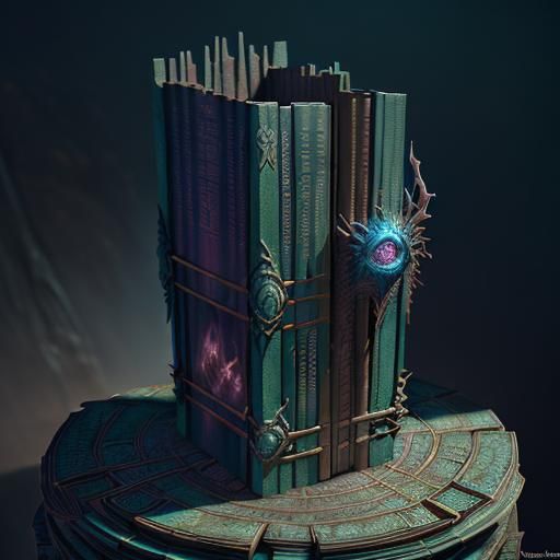 Secret worlds in 3d inside the spines of books on a bookshel...