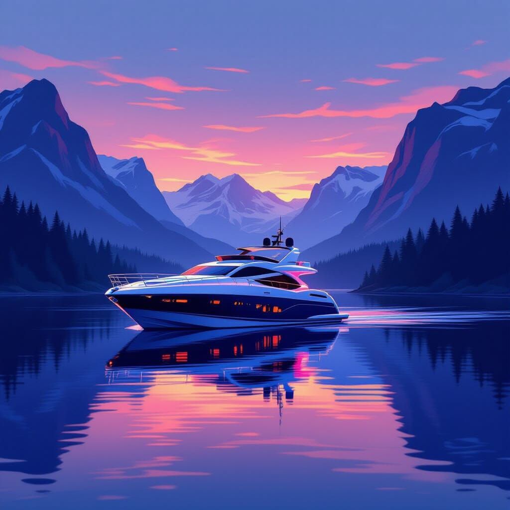 Luxury Yacht on Lake with Neon Lights