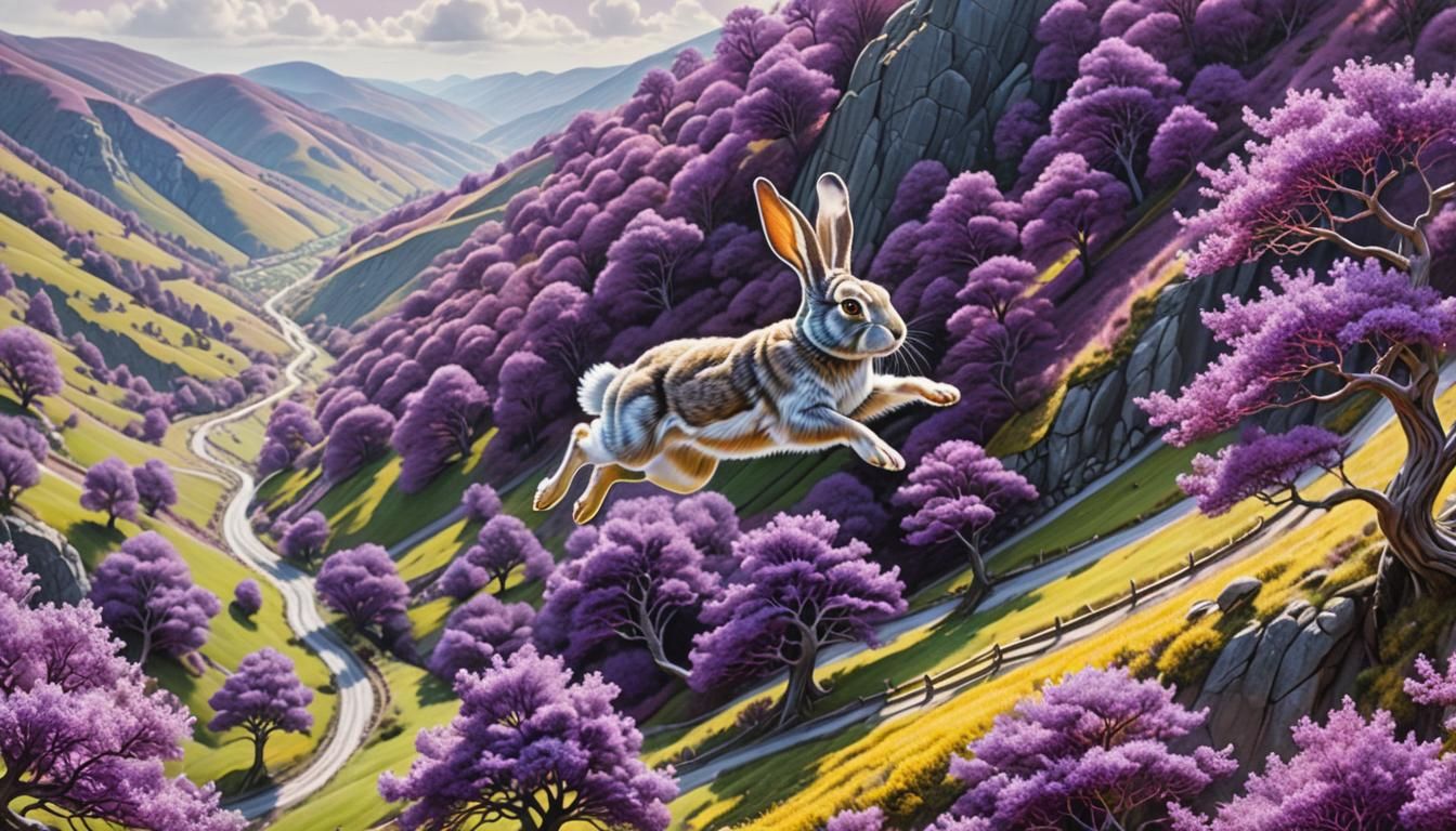 Hyperrealistic Flying Rabbit Over Purple Valley