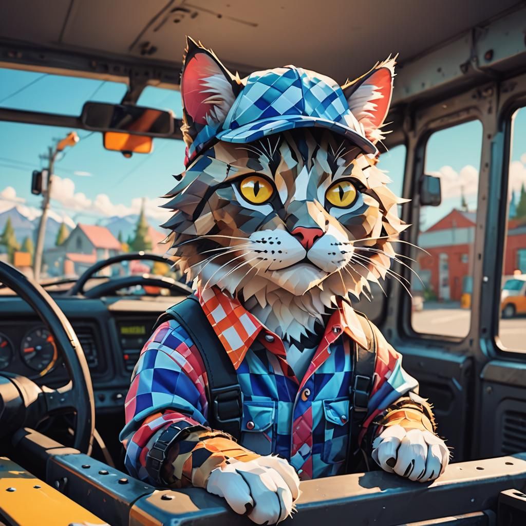 Anthropomorphic Cat Driving Tow Truck in Low-Poly Art