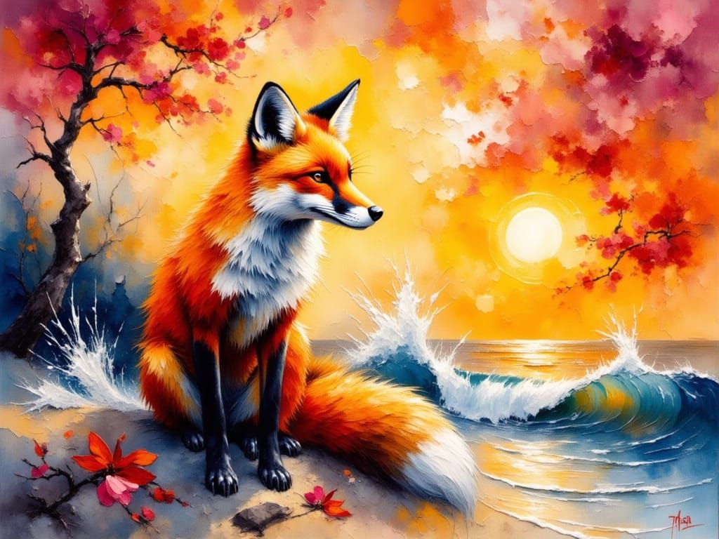 Red Fox at Sunrise in Post-Impressionist Watercolor
