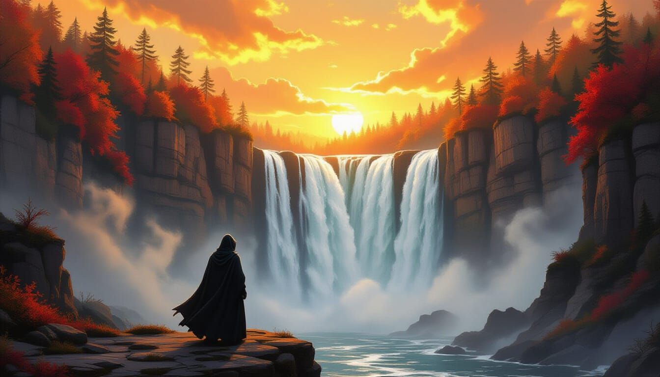 Epic Fantasy Autumn Waterfall Landscape Painting