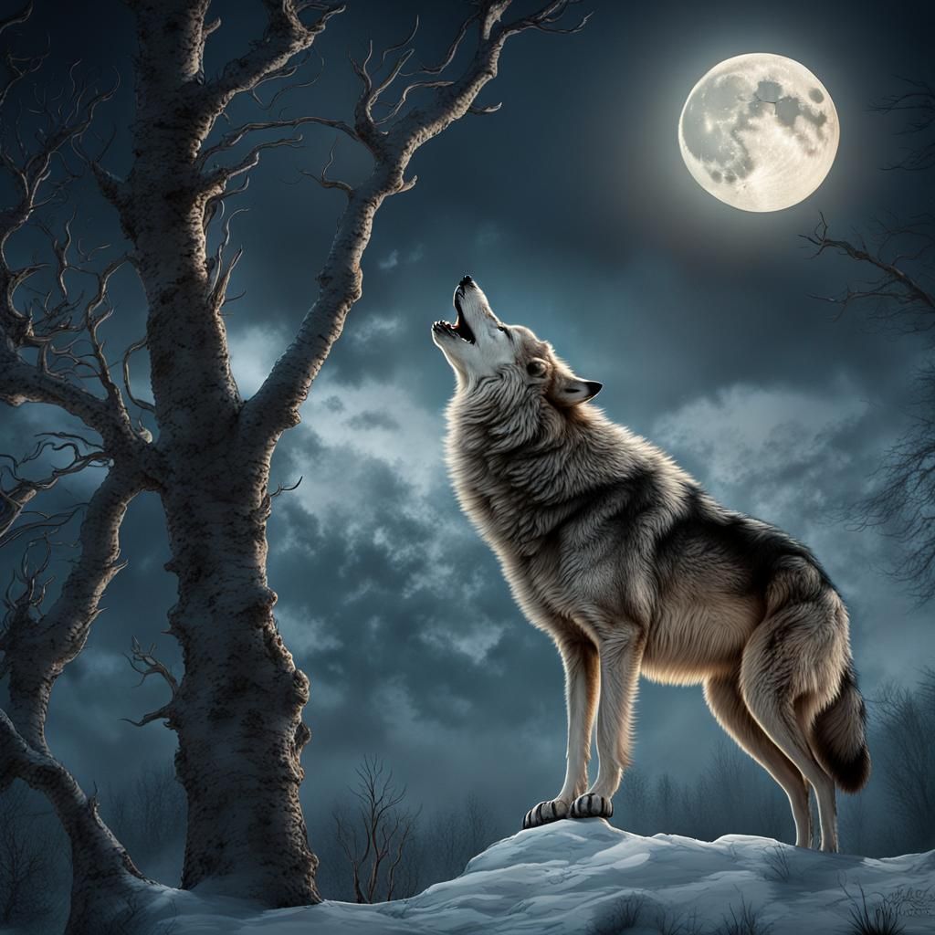 Wolf Howling at Hunter's Moon: Digital Matte Painting
