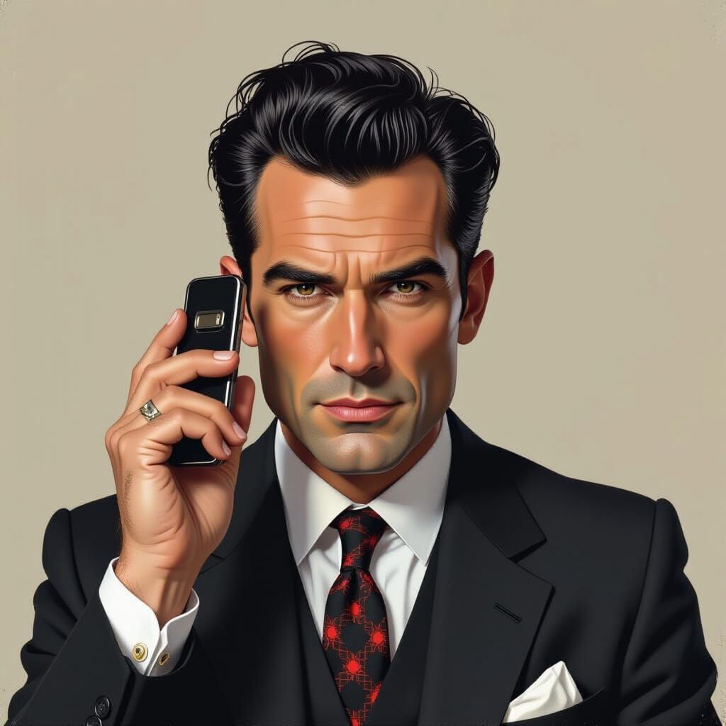 German Rockabilly Lawyer with Phone, Detailed Portrait