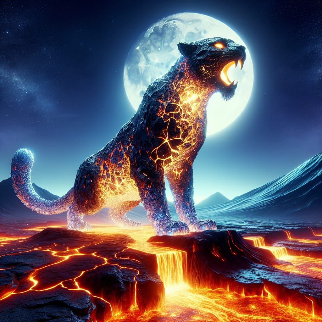 Obsidian Panther Roars Atop Fiery Volcano