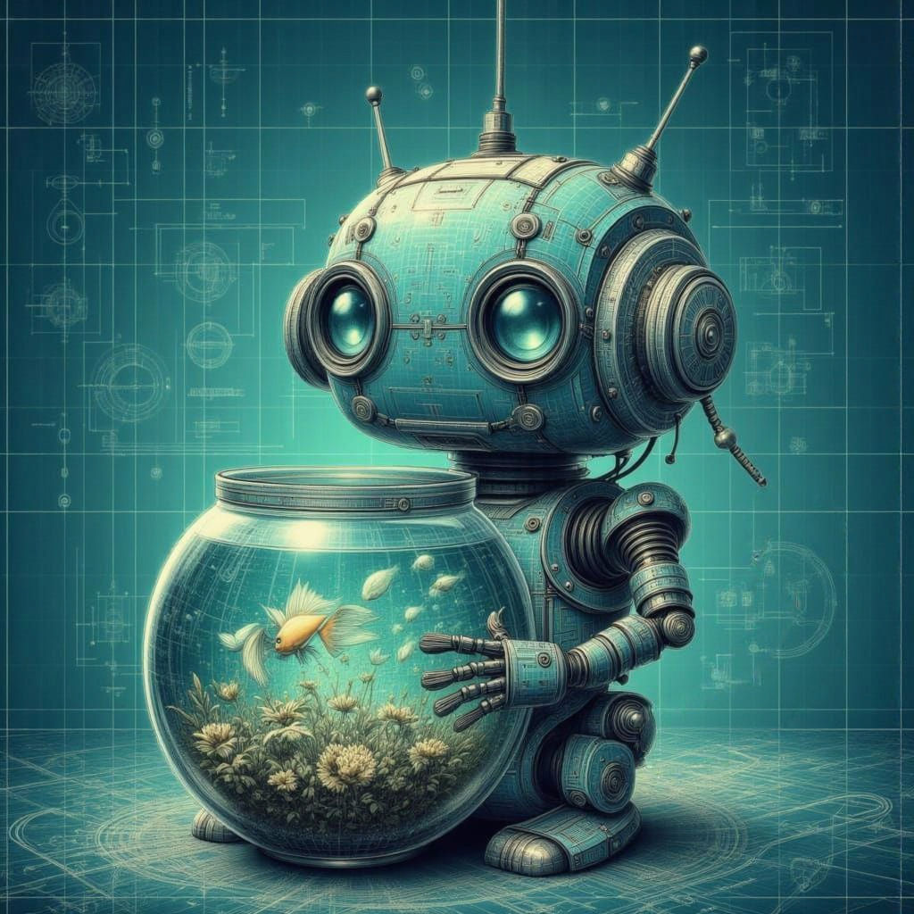 Cute Robot Holding a Fishbowl in Rough Schematic Style