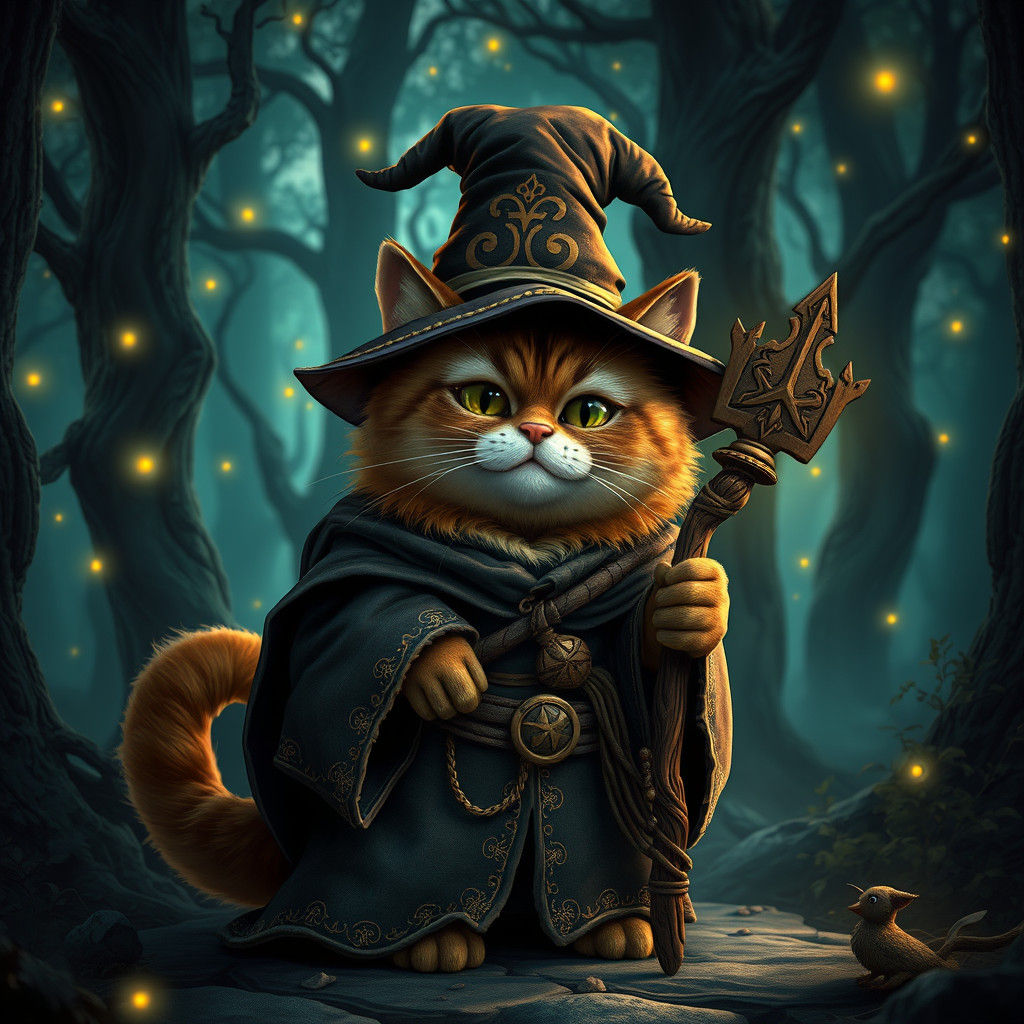 Wizard Cat in Mystical Forest: Fantasy Concept Art