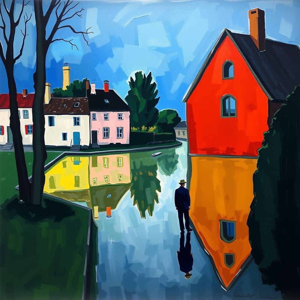 Surreal Landscape in Magritte Style, Contrasting Colors