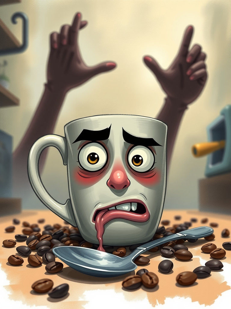 Terrified Coffee Mug About to Be Mugged: Cartoon Illustratio...