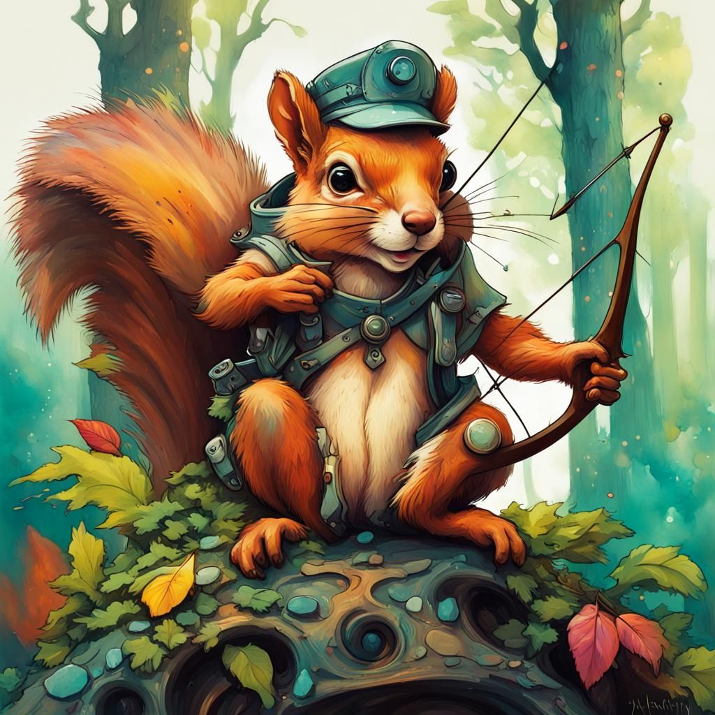 Anthropomorphic Squirrel Archer in Forest, Mucha Style