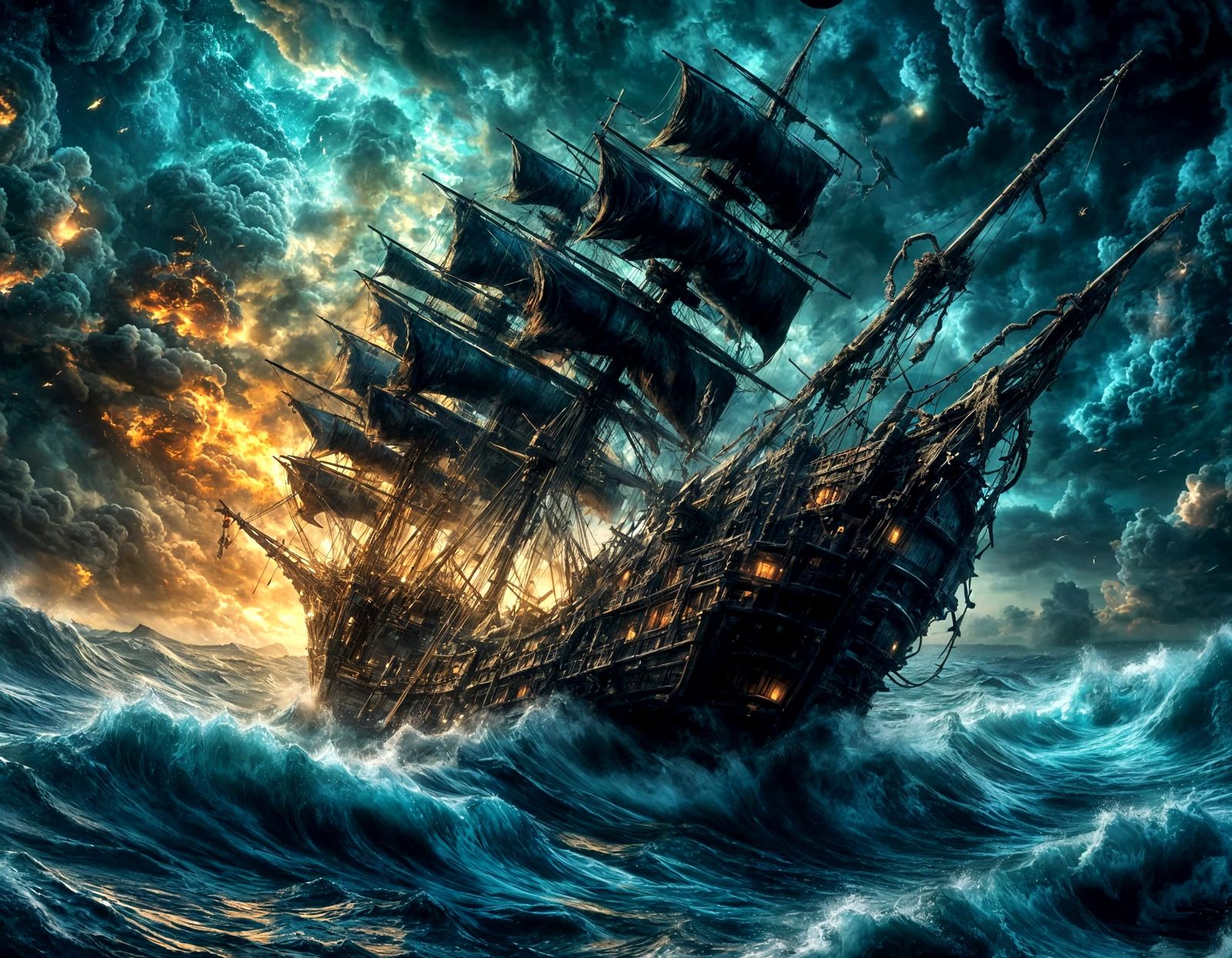 Pirate Ship in Sea Tempest Under Comet Fall