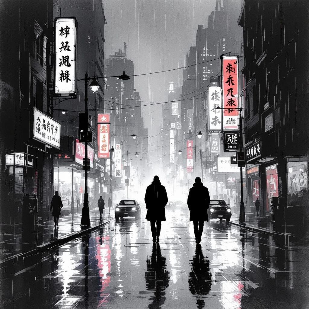 Solitary Figure in Noir Cityscape