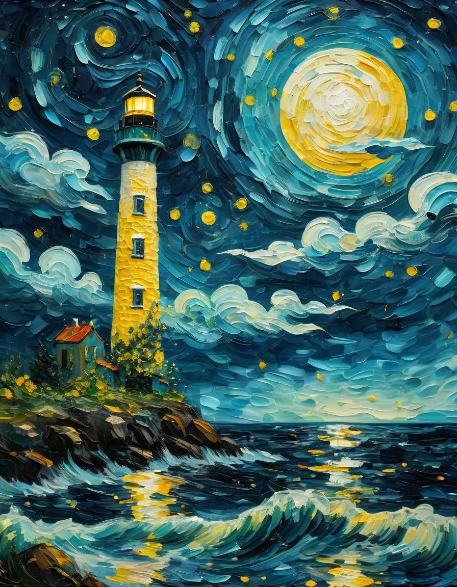 Lighthouse at Night in Neo-Impressionist Style