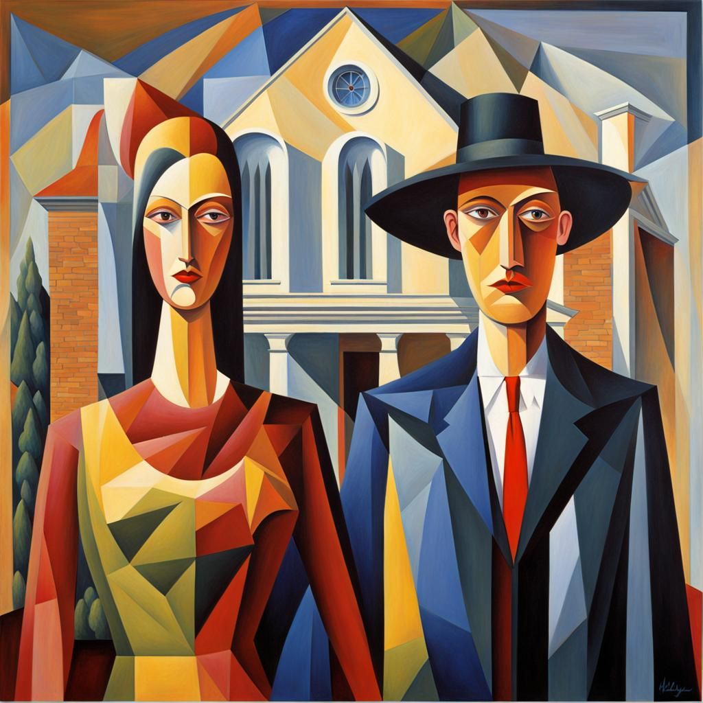 Abstract Cubist American Gothic Reimagining